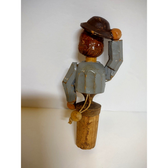 ANRI Puppet Hat Tipping Bottle Stopper Wood Carved Barware Cork Base Geneve - Picture 4 of 4